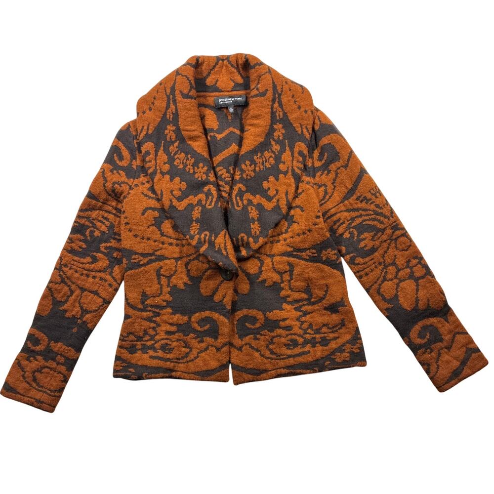 Merino Wool Damask Cardigan Coat Sweater Small S Rust/Brown Large Label MCM